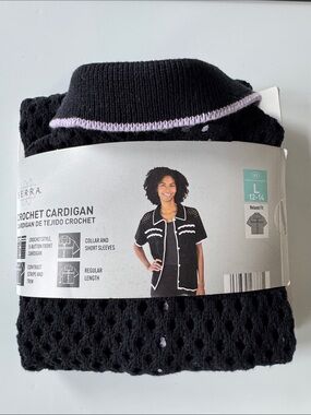 NWT! Serra Black Crochet Cardigan with Light Pink Trim. Medium